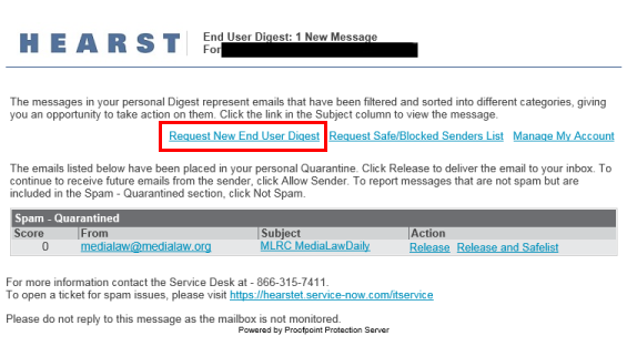 Request New End User Digest link is on the top-middle of the page in a list of three links